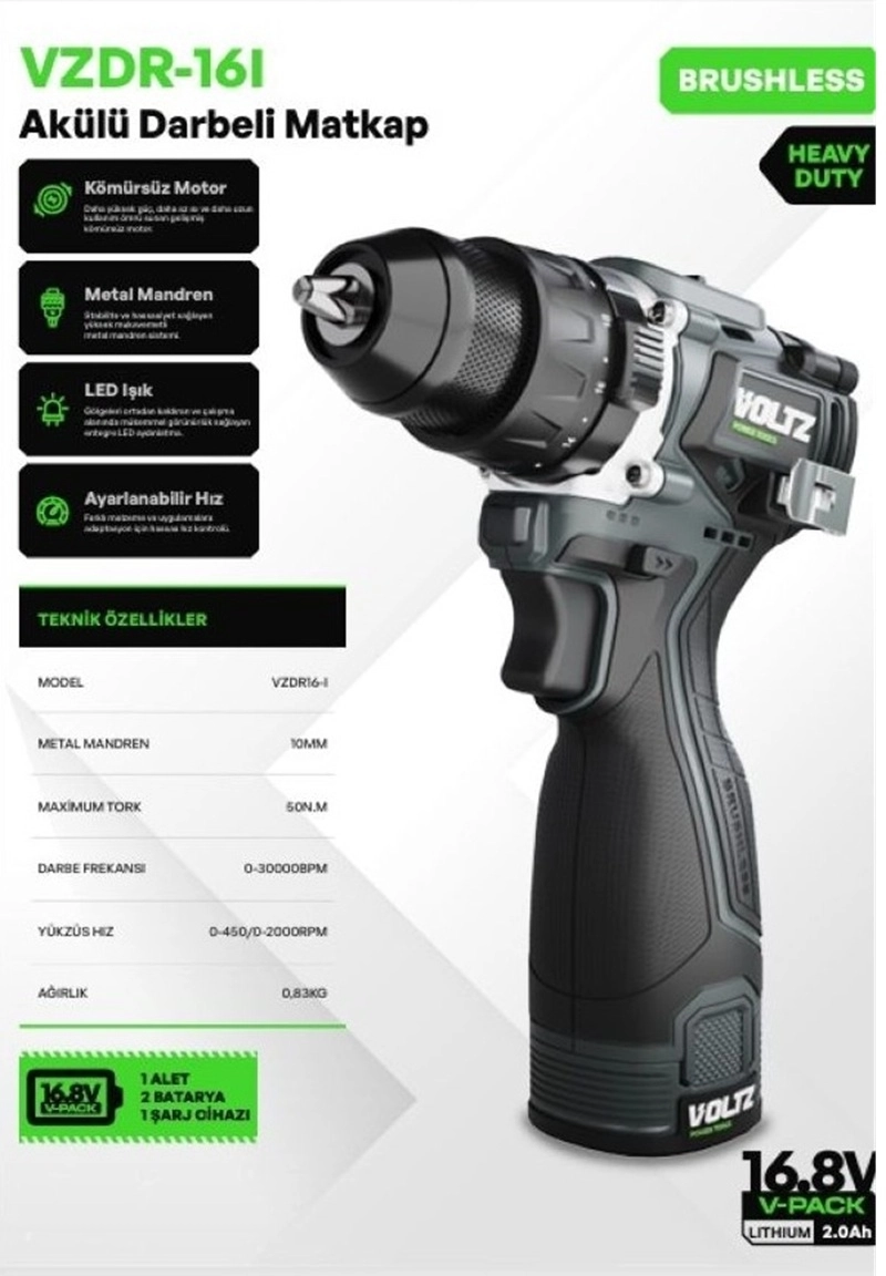 Voltz VZDR-16I Kömürsüz Akülü Darbeli Matkap 16,8V