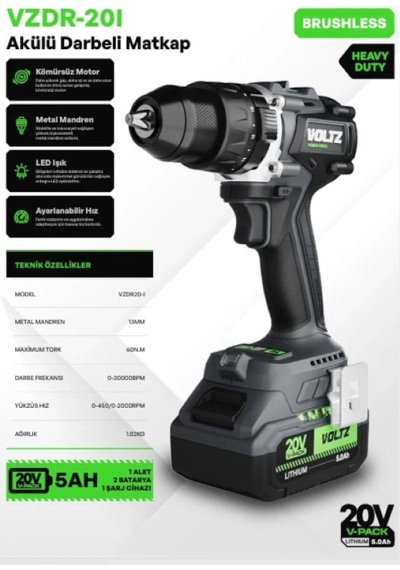 Voltz VZDR-20I Kömürsüz Akülü Darbeli Matkap 20V