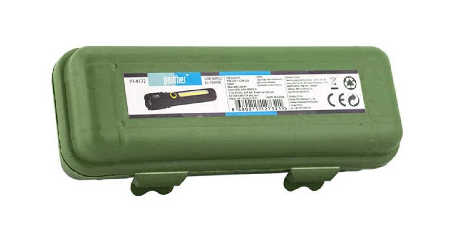 Panther PT-4172 USB Şarjlı El Feneri P50+COB LED Plastik Kutulu 800 Lümen