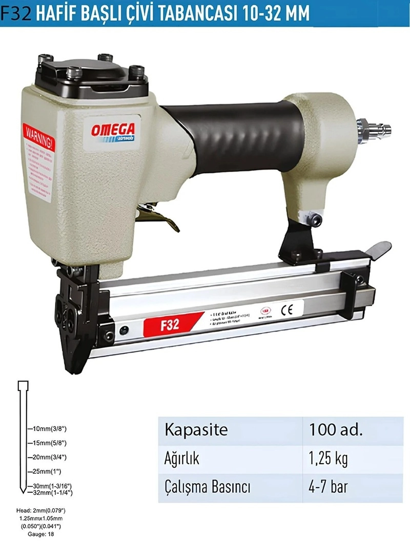 Omega F32 Havalı Hafif Başlı Çivi Tabancası 10-32 mm