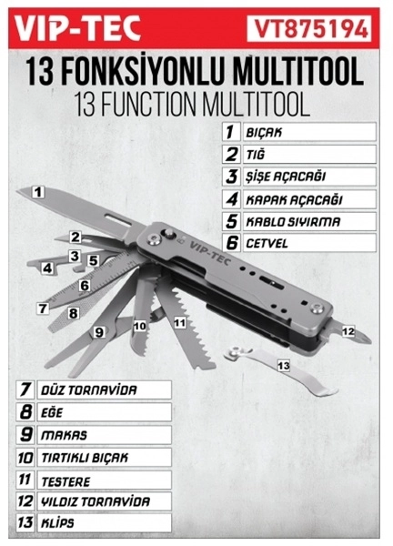 VIP-TEC VT875194 13 Parça Multifonksiyonel Çakı