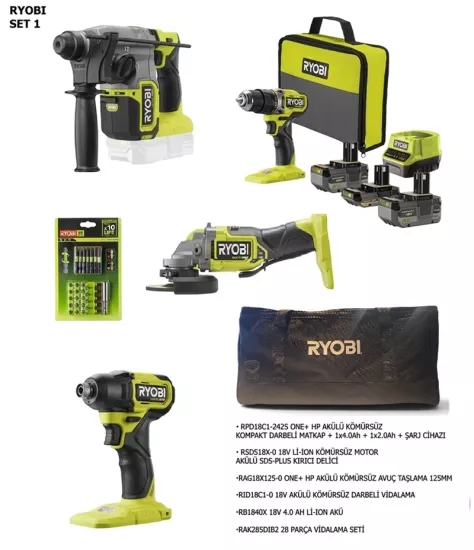 Ryobi ONE+ HP 18V Kömürsüz 4’lü Profesyonel Karma Set (Set 1)